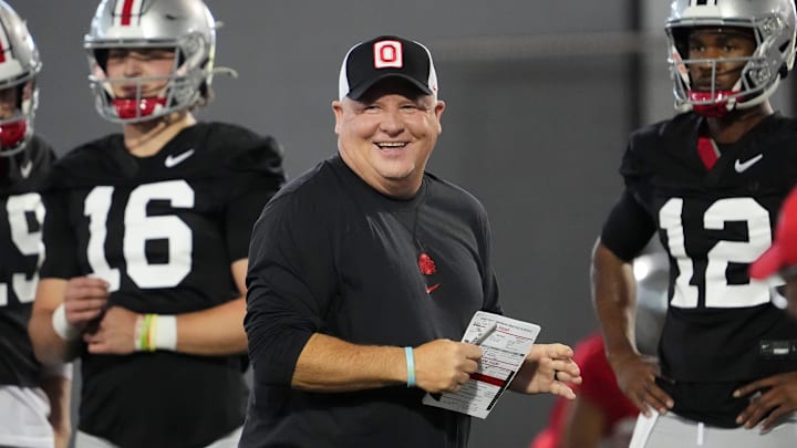 Mar 5, 2024; Columbus, OH, USA; Ohio State Buckeyes offensive coordinator Chip Kelly works with quarterbacks during the first spring practice at the Woody Hayes Athletic Center.