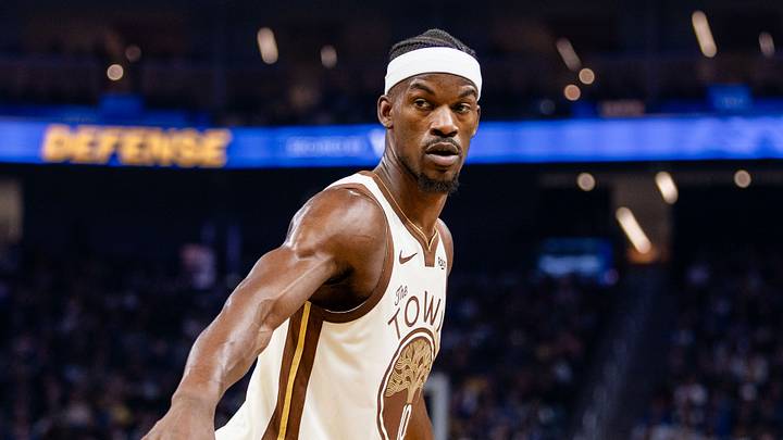 Nov 29, 2025; San Francisco, California, USA; Golden State Warriors forward Jimmy Butler III (10) reacts during the first quarter against the Golden State Warriors at Chase Center. Mandatory Credit: John Hefti-Imagn Images