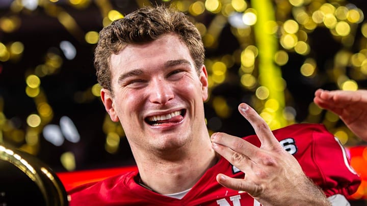 Indiana's Fernando Mendoza smiles as he celebrates after the College Football Playoff National Championship.