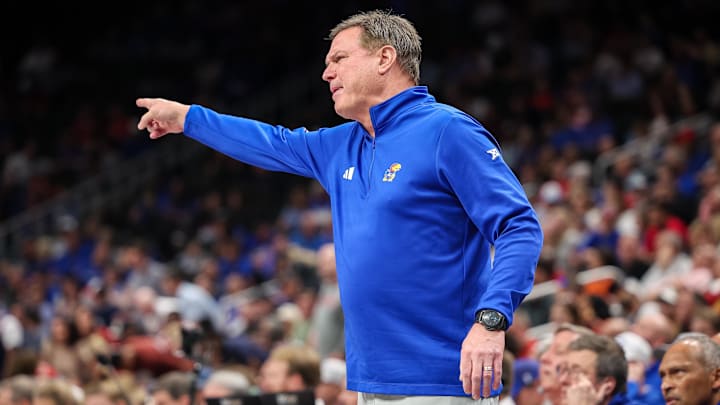 Mar 13, 2025; Kansas City, MO, USA; Kansas Jayhawks coach Bill Self reacts to game play during the second half against the Arizona Wildcats at T-Mobile Center. Mandatory Credit: William Purnell-Imagn Images