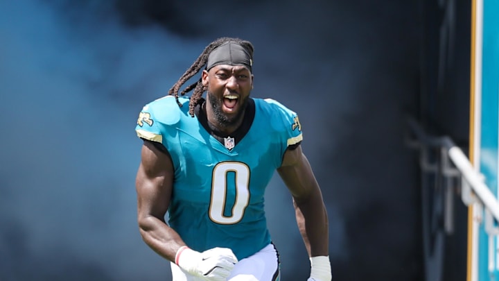 Sep 21, 2025; Jacksonville, Florida, USA; Jacksonville Jaguars linebacker Devin Lloyd (0) enters the field before the game against the Houston Texans at EverBank Stadium. Mandatory Credit: Morgan Tencza-Imagn Images
