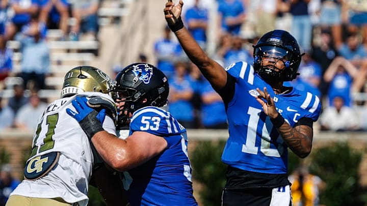 Oct 18, 2025; Durham, North Carolina, USA; Duke Blue Devils quarterback Darian Mensah (10) throws the ball during the first half of the game against Georgia Tech Yellow Jackets at Wallace Wade Stadium. Mandatory Credit: Jaylynn Nash-Imagn Images Oct 18, 2025; Durham, North Carolina, USA; Duke Blue Devils quarterback Darian Mensah (10) throws the ball during the first half of the game against Georgia Tech Yellow Jackets at Wallace Wade Stadium. Mandatory Credit: Jaylynn Nash-Imagn Images