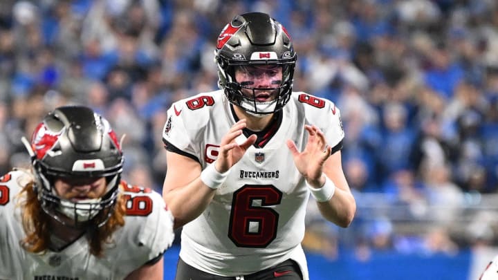Jan 21, 2024; Detroit, Michigan, USA; Tampa Bay Buccaneers quarterback Baker Mayfield (6) prepares for a snap against the Detroit Lions during the second half in a 2024 NFC divisional round game at Ford Field. Mandatory Credit: Lon Horwedel-USA TODAY Sports