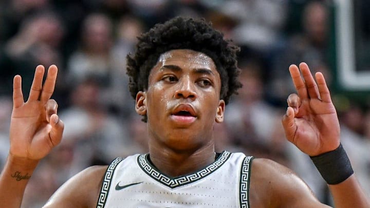 Michigan State's Jeremy Fears Jr. celebrates after making a 3-pointer against UCLA during the first half on Tuesday, Feb. 17, 2026, at the Breslin Center in East Lansing.