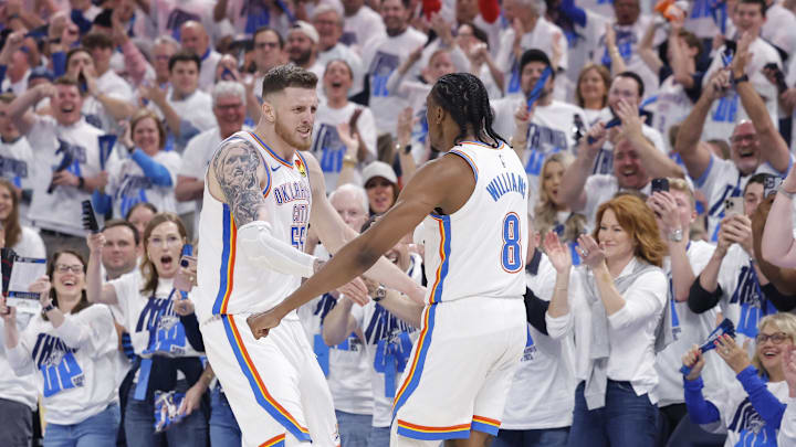 Apr 20, 2025; Oklahoma City, Oklahoma, USA; Oklahoma City Thunder center Isaiah Hartenstein (55) and forward Jalen Williams (8) celebrate against the Memphis Grizzlies during the second quarter at Paycom Center. Mandatory Credit: Alonzo Adams-Imagn Images Apr 20, 2025; Oklahoma City, Oklahoma, USA; Oklahoma City Thunder center Isaiah Hartenstein (55) and forward Jalen Williams (8) celebrate against the Memphis Grizzlies during the second quarter at Paycom Center. Mandatory Credit: Alonzo Adams-Imagn Images