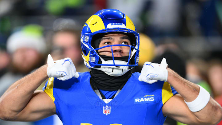 Dec 18, 2025; Seattle, Washington, USA; Los Angeles Rams wide receiver Puka Nacua (12) warms up before the game against the Seattle Seahawks at Lumen Field. Mandatory Credit: Steven Bisig-Imagn Images