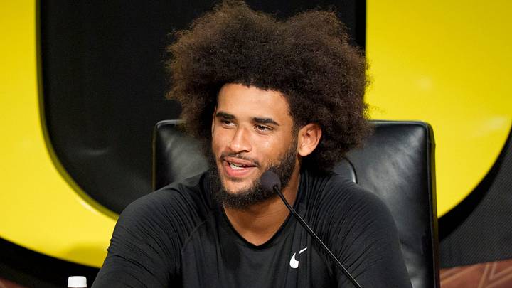 Oregon quarterback Dante Moore speaks during a press conference on Aug. 18, 2026, at the Hatfield-Dowlin Complex in Eugene, Oregon. Oregon quarterback Dante Moore speaks during a press conference on Aug. 18, 2026, at the Hatfield-Dowlin Complex in Eugene, Oregon.