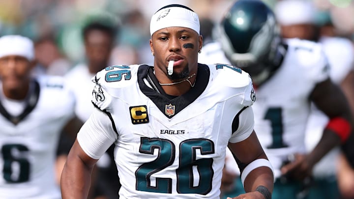 Sep 21, 2025; Philadelphia, Pennsylvania, USA; Philadelphia Eagles running back Saquon Barkley (26) leaves the field against the Los Angeles Rams after the first half at Lincoln Financial Field. Mandatory Credit: Bill Streicher-Imagn Images