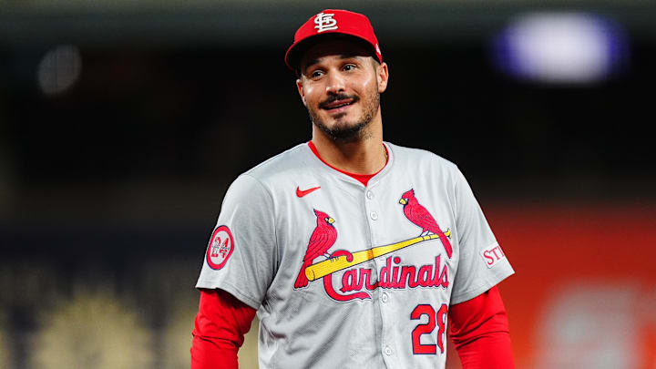 Sep 25, 2024; Denver, Colorado, USA; St. Louis Cardinals third base Nolan Arenado (28) reacts in the third inning against the Colorado Rockies at Coors Field Sep 25, 2024; Denver, Colorado, USA; St. Louis Cardinals third base Nolan Arenado (28) reacts in the third inning against the Colorado Rockies at Coors Field