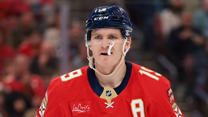 Jan 31, 2026; Sunrise, Florida, USA; Florida Panthers left wing Matthew Tkachuk (19) looks on against the Winnipeg Jets during the second period at Amerant Bank Arena. Mandatory Credit: Sam Navarro-Imagn Images