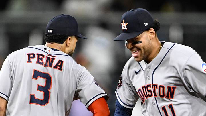 Houston Astros right fielder Cam Smith and shortstop Jeremy Peña celebrate after defeating beat the San Diego Padres at Petco Park. Mandatory Credit: Denis Poroy-Imagn Images Houston Astros right fielder Cam Smith and shortstop Jeremy Peña celebrate after defeating beat the San Diego Padres at Petco Park. Mandatory Credit: Denis Poroy-Imagn Images