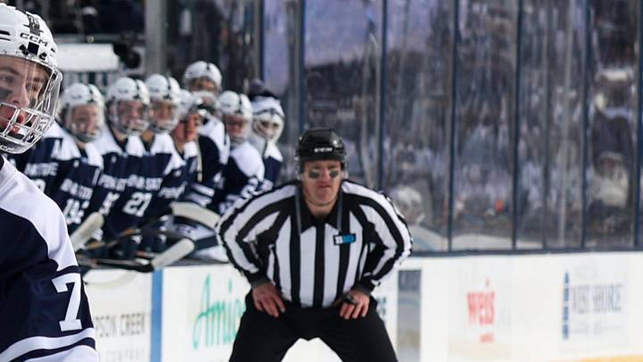Jan 31, 2026; State College, PA, USA; Penn State Nittany Lions forward Gavin McKenna (72) looks to shoot the puck during the first period against the Michigan State Spartans at Beaver Stadium. Mandatory Credit: Matthew O'Haren-Imagn Images