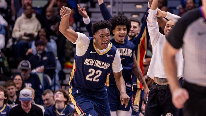Dec 20, 2025; New Orleans, Louisiana, USA; New Orleans Pelicans center Derik Queen (22) reacts to making a three point basket against the Indiana Pacers during the second half at Smoothie King Center. Mandatory Credit: Stephen Lew-Imagn Images Dec 20, 2025; New Orleans, Louisiana, USA; New Orleans Pelicans center Derik Queen (22) reacts to making a three point basket against the Indiana Pacers during the second half at Smoothie King Center. Mandatory Credit: Stephen Lew-Imagn Images