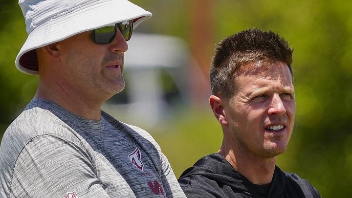 Arizona Cardinals general manager Monti Ossenfort (left) talks with head coach Mike LaFleur during organized team activities at the Cardinals Training Facility in Tempe on May 27, 2026. Arizona Cardinals general manager Monti Ossenfort (left) talks with head coach Mike LaFleur during organized team activities at the Cardinals Training Facility in Tempe on May 27, 2026.