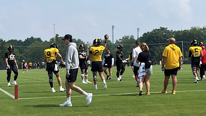 Quarterbacks (left to right: Beau Pribula, 9, Sam Horn, 21, Matt Zollers, 5.) doing drills at the Missouri Tigers practice on Aug. 1, 2025 in Columbia, Missouri. Quarterbacks (left to right: Beau Pribula, 9, Sam Horn, 21, Matt Zollers, 5.) doing drills at the Missouri Tigers practice on Aug. 1, 2025 in Columbia, Missouri.