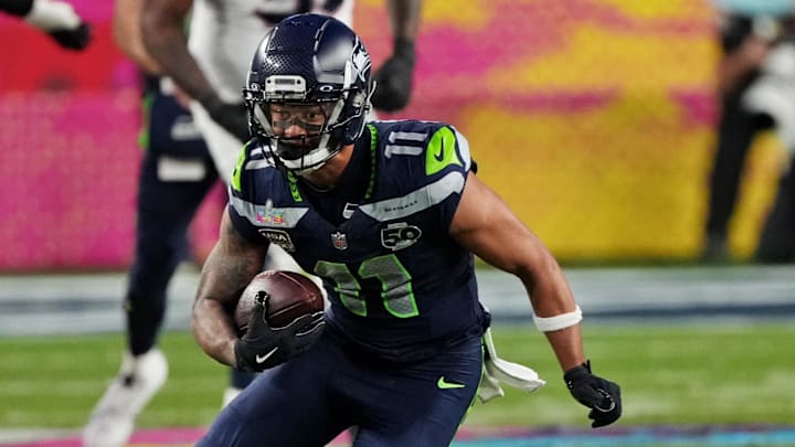 Feb 8, 2026; Santa Clara, CA, USA; Seattle Seahawks wide receiver Jaxon Smith-Njigba (11) runs the ball during the third quarter against the New England Patriots in Super Bowl LX at Levi's Stadium.