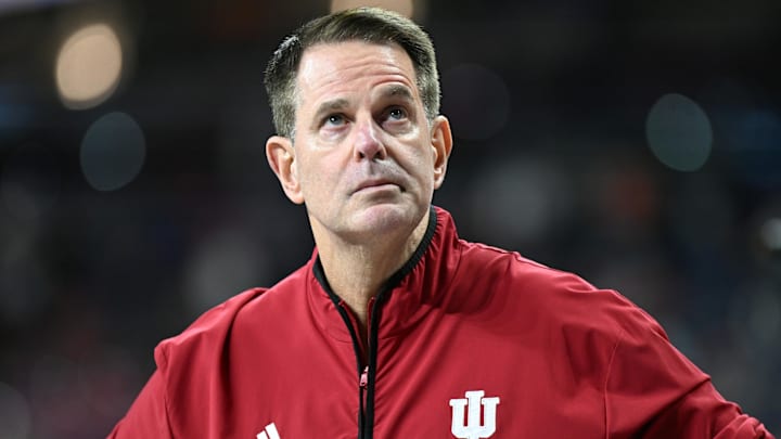 Indiana coach Curt Cignetti looks on before the 2025 Big Ten title game Dec. 6, 2025, vs. Ohio State at Lucas Oil Stadium.