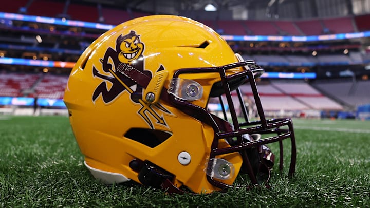 Jan 1, 2025; Atlanta, GA, USA; A detail view of an Arizona State Sun Devils helmet before the Peach Bowl at Mercedes-Benz Stadium. Mandatory Credit: Brett Davis-Imagn Images