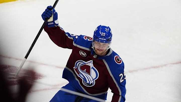 Apr 19, 2026; Denver, Colorado, USA; Colorado Avalanche right wing Logan O'Connor (25) celebrates his goal in the third period against the Los Angeles Kings in game one of the first round of the 2026 Stanley Cup Playoffs at Ball Arena. Mandatory Credit: Ron Chenoy-Imagn Images