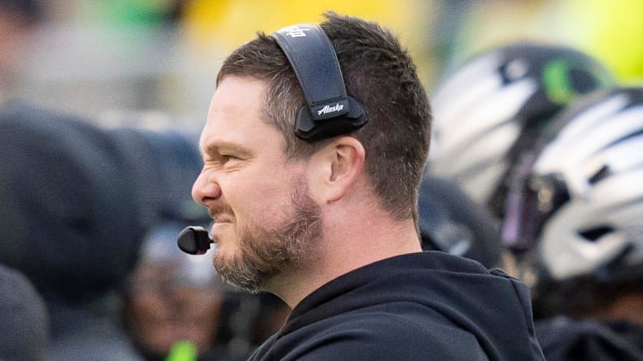 Oregon head coach Dan Lanning looks on as the Oregon Ducks host the Wisconsin Badgers on Oct. 25, 2025, at Autzen Stadium in Eugene, Oregon.  