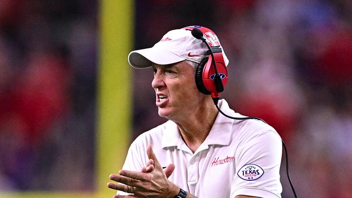 Dec 27, 2025; Houston, TX, USA; Houston Cougars head coach Willie Fritz reacts during the first half against the Louisiana State Tigers at NRG Stadium. Mandatory Credit: Maria Lysaker-Imagn Images