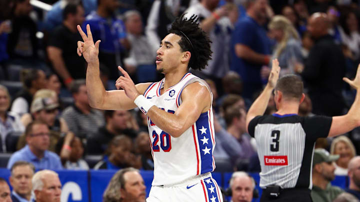 Nov 15, 2024; Orlando, Florida, USA; Philadelphia 76ers guard Jared McCain (20) celebrates after a three pointer against the Orlando Magic in the third quarter at Kia Center. Mandatory Credit: Nathan Ray Seebeck-Imagn Images Nov 15, 2024; Orlando, Florida, USA; Philadelphia 76ers guard Jared McCain (20) celebrates after a three pointer against the Orlando Magic in the third quarter at Kia Center. Mandatory Credit: Nathan Ray Seebeck-Imagn Images
