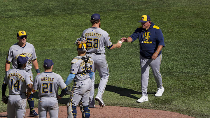 Aug 31, 2025; Toronto, Ontario, CAN; Milwaukee Brewers pitcher Brandon Woodruff (53) is relieved during the fifth inning in their MLB game against the Toronto Blue Jays by manager Pat Murphy (49) at Rogers Centre. Mandatory Credit: Kevin Sousa-Imagn Images