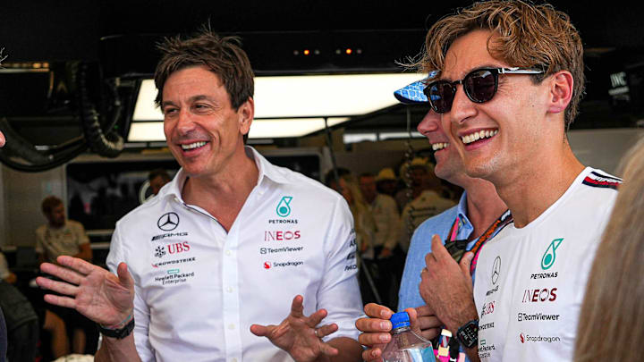 From left, Prince Harry, Duke of Sussex, meets with Mercedes-AMG Petronas F1 Team Team Principal