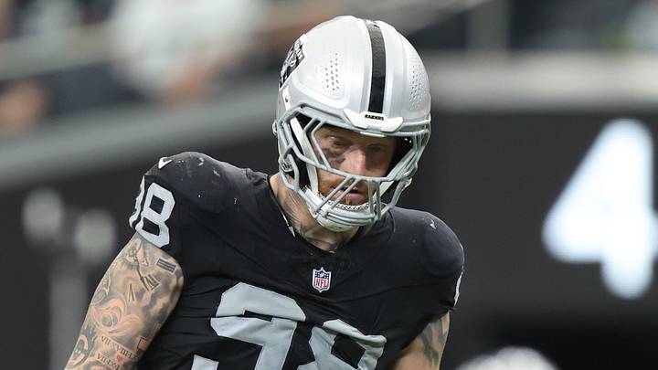 Oct 18, 2026; Paradise, Nevada, USA; Las Vegas Raiders defensive end Maxx Crosby (98) lines up before the snap in the fourth quarter against the Buffalo Bills at Allegiant Stadium. Mandatory Credit: Christopher Trim-Imagn Images Oct 18, 2026; Paradise, Nevada, USA; Las Vegas Raiders defensive end Maxx Crosby (98) lines up before the snap in the fourth quarter against the Buffalo Bills at Allegiant Stadium. Mandatory Credit: Christopher Trim-Imagn Images