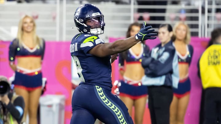 Feb 8, 2026; Santa Clara, CA, USA; Seattle Seahawks running back Kenneth Walker III (9) scores a touchdown against the New England Patriots during Super Bowl LX at Levi's Stadium. Mandatory Credit: Mark J. Rebilas-Imagn Images