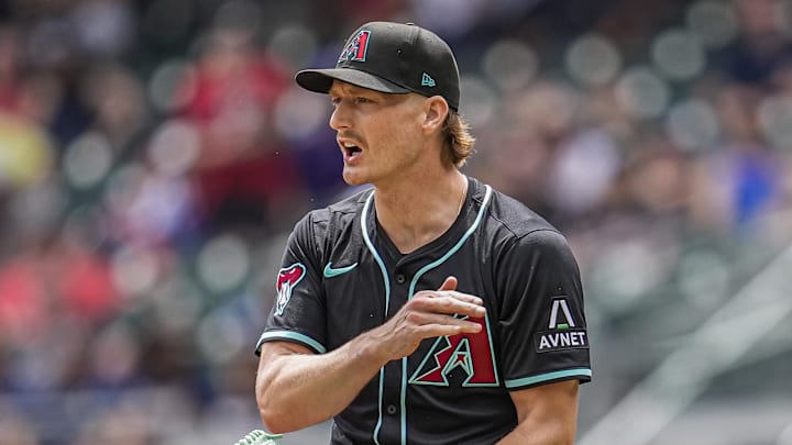 Jun 5, 2025; Cumberland, Georgia, USA; Arizona Diamondbacks relief pitcher Shelby Miller (18) reacts after the Diamondbacks defeated the Atlanta Braves at Truist Park. Mandatory Credit: Dale Zanine-Imagn Images