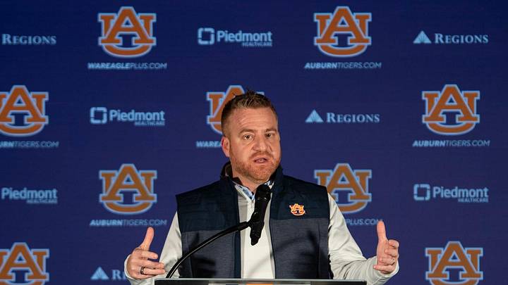 Auburn Tigers football head coach Alex Golesh speaks during a press conference at Woltosz Performance Center in Auburn, Ala. on Monday, Dec. 8, 2025.