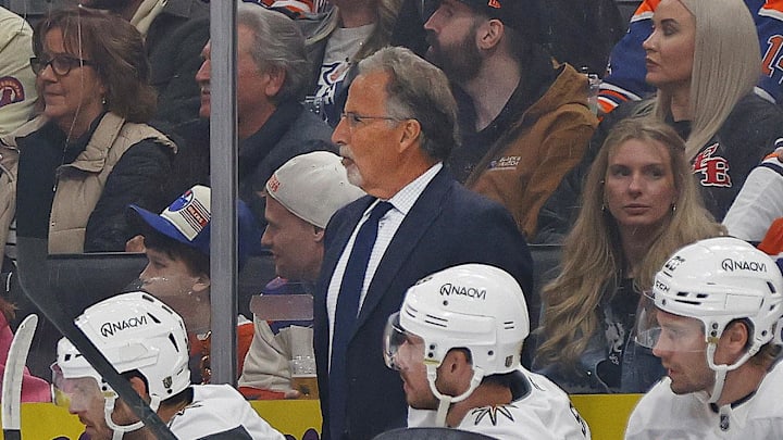 Apr 4, 2026; Edmonton, Alberta, CAN; Vegas Golden Knights head coach John Tortorella follows the play during the first period against the Edmonton Oilers at Rogers Place. Mandatory Credit: Perry Nelson-Imagn Images