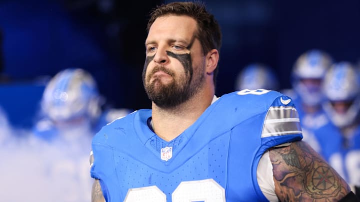 Nov 2, 2025; Detroit, Michigan, USA; Detroit Lions tackle Taylor Decker (68) enters the field before the game against the Minnesota Vikings at Ford Field.