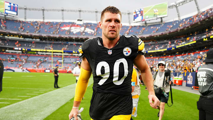 Sep 15, 2024; Denver, Colorado, USA; Pittsburgh Steelers linebacker T.J. Watt (90) following the win over the Denver Broncos at Empower Field at Mile High. Mandatory Credit: Ron Chenoy-Imagn Images