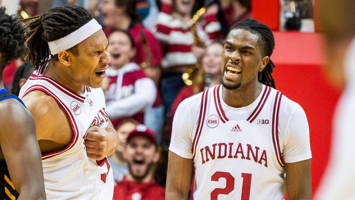 Indiana's Malik Reneau (5) and Mackenzie Mgbako (21) celebrate at Simon Skjodt Assembly Hall.
