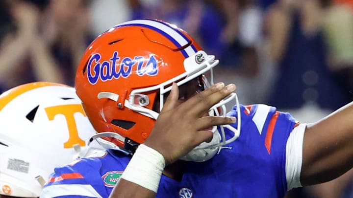 Nov 22, 2025; Gainesville, Florida, USA; Florida Gators quarterback DJ Lagway (2) celebrates after he made a first down against the Tennessee Volunteers during the first half at Ben Hill Griffin Stadium. Mandatory Credit: Kim Klement Neitzel-Imagn Images