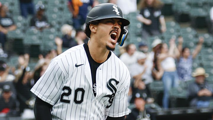 Apr 16, 2026; Chicago, Illinois, USA; Chicago White Sox third baseman Miguel Vargas (20) celebrates as he rounds the bases after hitting a solo home run against the Tampa Bay Rays during the third inning at Rate Field. Mandatory Credit: Kamil Krzaczynski-Imagn Images