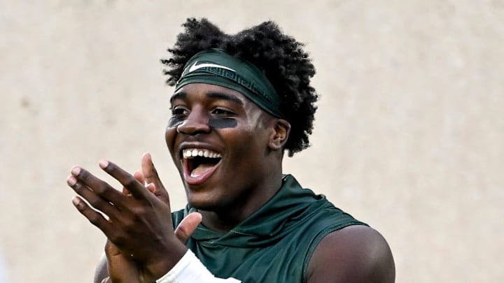 Michigan State's Nick Marsh cheers while warming up before the start of the football game against Ohio State on Saturday, Sept. 28, 2024, outside Spartan Stadium in East Lansing.