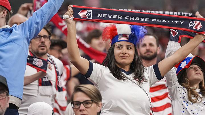 Mar 28, 2026; Atlanta, Georgia, USA; USA soccer fans shown during the match against Belgium at Mercedes-Benz Stadium. Credit: Dale Zanine-Imagn Images