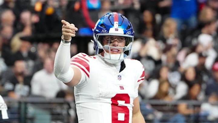 Dec 28, 2025; Paradise, Nevada, USA; New York Giants quarterback Jaxson Dart (6) celebrates a touchdown in the second quarter against the Las Vegas Raiders at Allegiant Stadium. Mandatory Credit: Stephen R. Sylvanie-Imagn Images