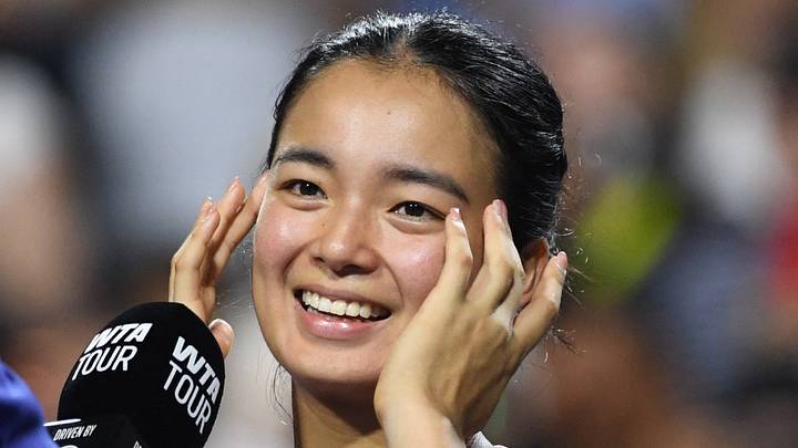 Alexandra Eala reacts during a TV interview