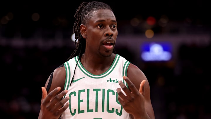 Jan 3, 2025; Houston, Texas, USA; Boston Celtics guard Jrue Holiday (4) reacts after a foul call against the Houston Rockets during the third quarter at Toyota Center. Mandatory Credit: Erik Williams-Imagn Images