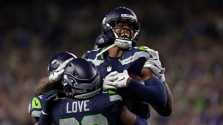 Sep 9, 2026; Seattle, Washington, USA; Seattle Seahawks cornerback Josh Jobe (29) celebrates with teammates after making an interception during the fourth quarter against the New England Patriots at Lumen Field. Sep 9, 2026; Seattle, Washington, USA; Seattle Seahawks cornerback Josh Jobe (29) celebrates with teammates after making an interception during the fourth quarter against the New England Patriots at Lumen Field.