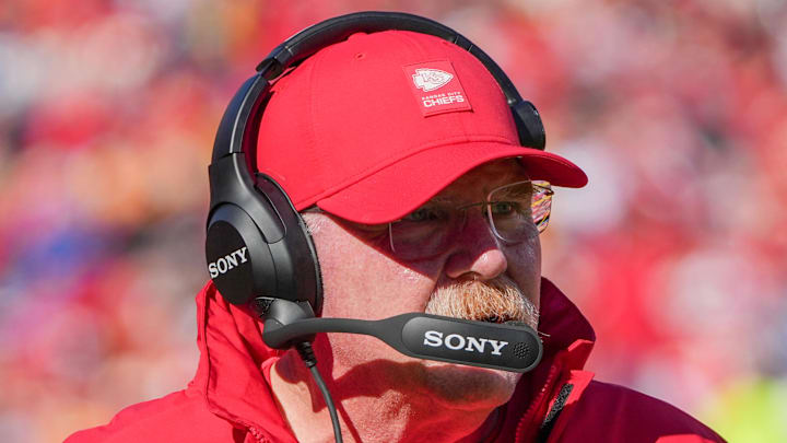 Nov 23, 2025; Kansas City, Missouri, USA; Kansas City Chiefs head coach Andy Reid watches play against the Indianapolis Colts during the game at GEHA Field at Arrowhead Stadium. Mandatory Credit: Denny Medley-Imagn Images