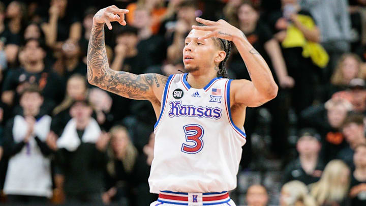 Feb 18, 2026; Stillwater, Oklahoma, USA; Kansas Jayhawks guard Tre White (3) reacts after shooting a three point basket during the second half against the Oklahoma State Cowboys at Gallagher-Iba Arena. Mandatory Credit: William Purnell-Imagn Images