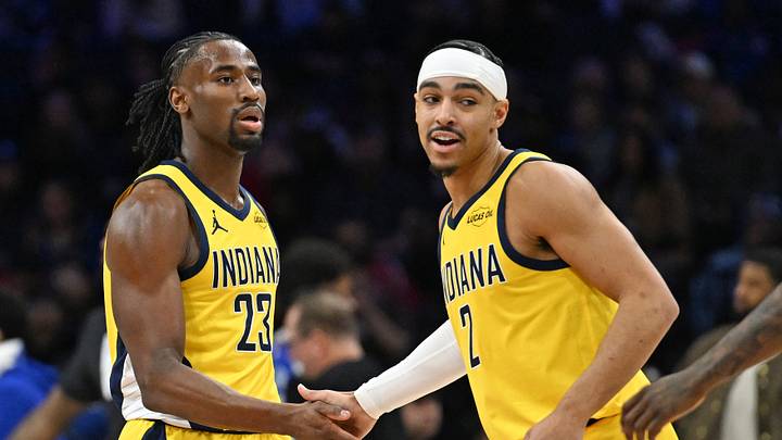 Jan 19, 2026; Philadelphia, Pennsylvania, USA; Indiana Pacers guard Aaron Nesmith (23) and guard Andrew Nembhard (2) celebrate against the Philadelphia 76ers during the second quarter at Xfinity Mobile Arena. Mandatory Credit: Eric Hartline-Imagn Images Jan 19, 2026; Philadelphia, Pennsylvania, USA; Indiana Pacers guard Aaron Nesmith (23) and guard Andrew Nembhard (2) celebrate against the Philadelphia 76ers during the second quarter at Xfinity Mobile Arena. Mandatory Credit: Eric Hartline-Imagn Images