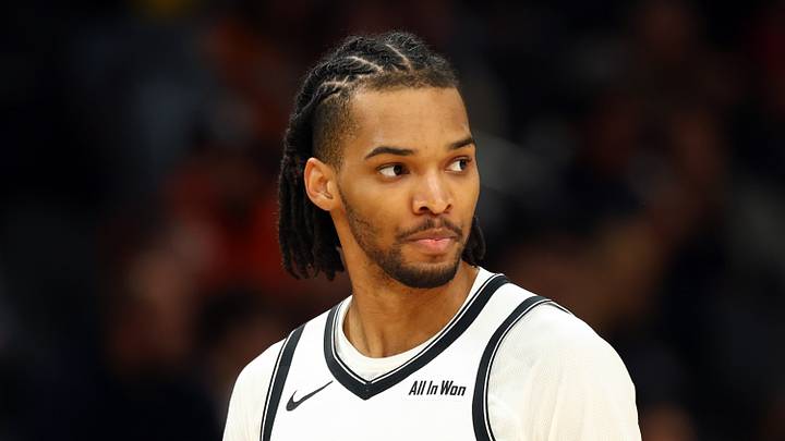 Jan 27, 2026; Phoenix, Arizona, USA; Brooklyn Nets forward Ziaire Williams (1) against the Phoenix Suns at Mortgage Matchup Center. Mandatory Credit: Mark J. Rebilas-Imagn Images