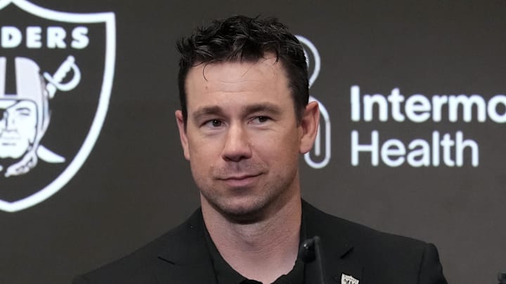 Las Vegas Raiders coach Klint Kubiak at press conference.