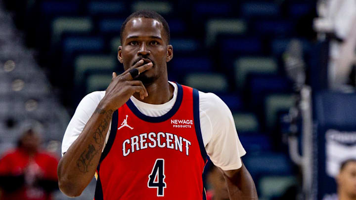 Feb 13, 2025; New Orleans, Louisiana, USA; New Orleans Pelicans guard Javonte Green (4) reacts to making a three point basket against the Sacramento Kings during the first half at Smoothie King Center. Mandatory Credit: Stephen Lew-Imagn Images Feb 13, 2025; New Orleans, Louisiana, USA; New Orleans Pelicans guard Javonte Green (4) reacts to making a three point basket against the Sacramento Kings during the first half at Smoothie King Center. Mandatory Credit: Stephen Lew-Imagn Images